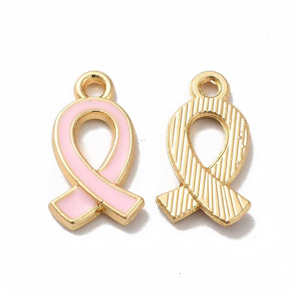 Gold Alloy Pink Enamel Breast Cancer Awareness Ribbon Charm