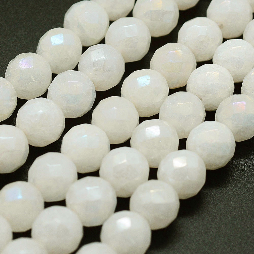 8mm Electroplated Natural White Round Faceted Jade
