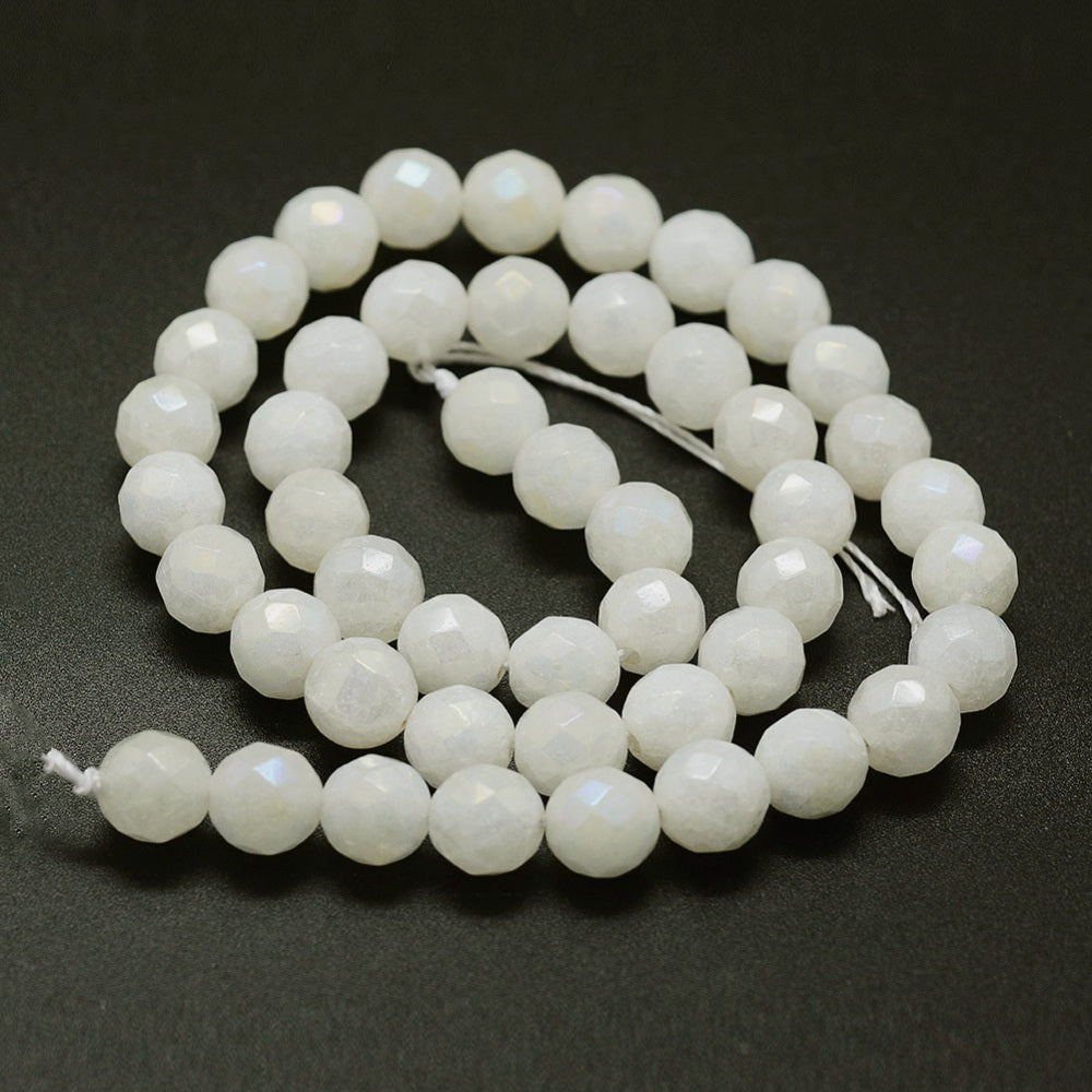8mm Electroplated Natural White Round Faceted Jade