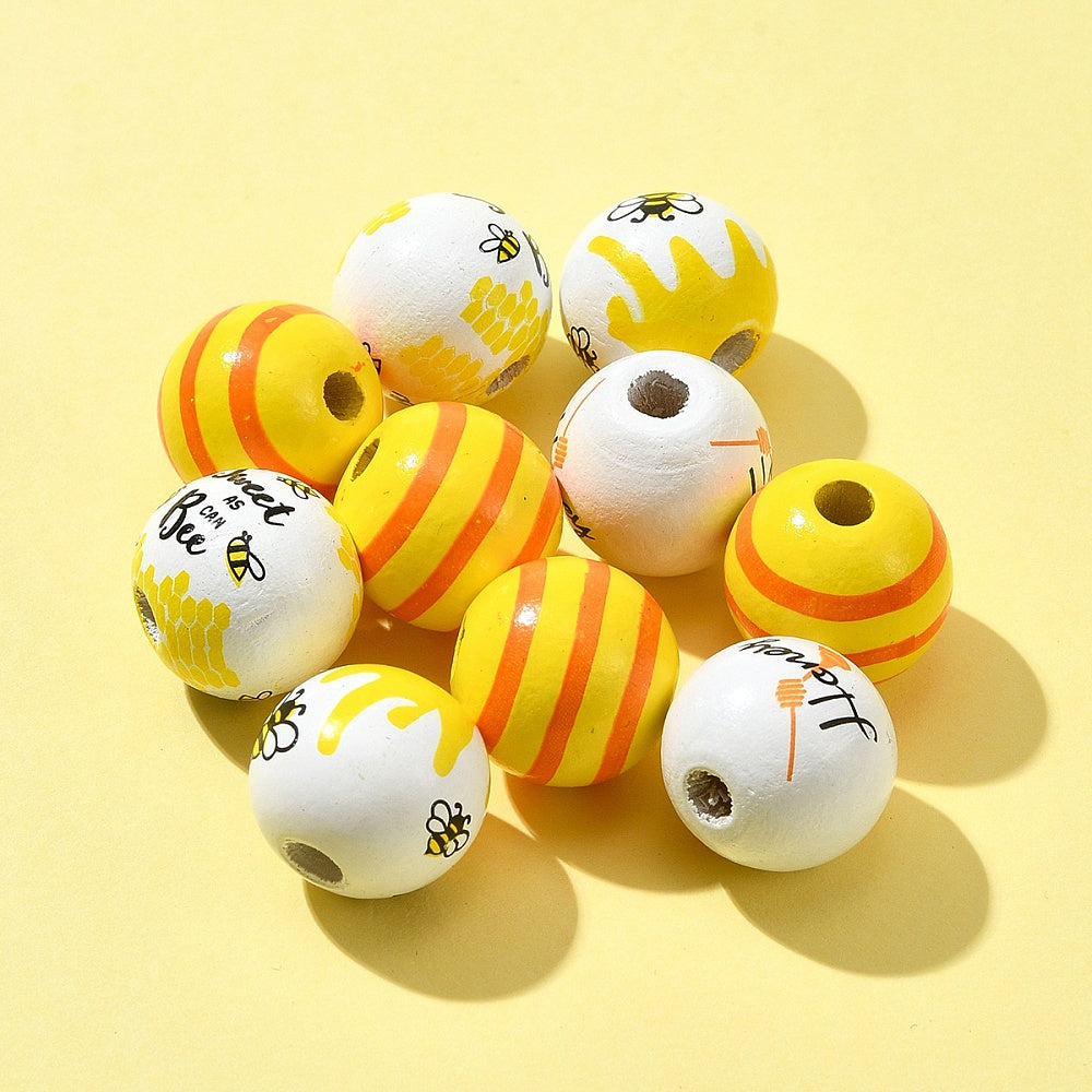 16mm Printed Natural Wood European Beads Set