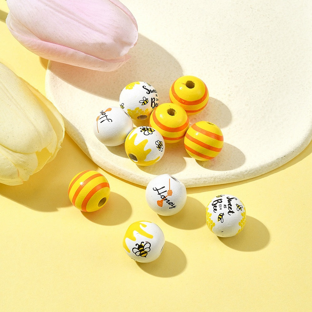 16mm Printed Natural Wood European Beads Set