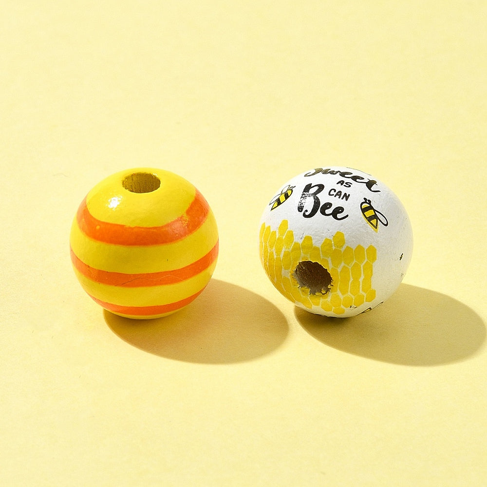 16mm Printed Natural Wood European Beads Set
